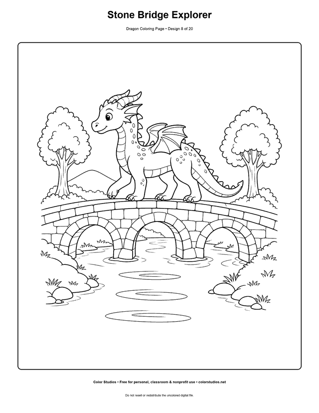 Stone Bridge Explorer: original dragon walks carefully across a broad arched stone bridge above a gentle stream printable coloring page.