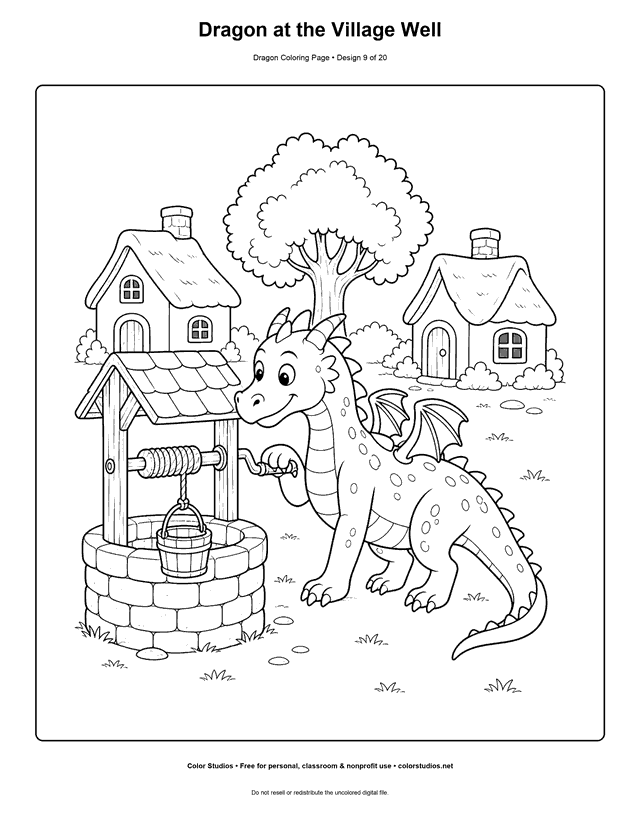 Dragon at the Village Well: original dragon stands beside a round stone well and turns a simple crank with one forepaw printable coloring page.