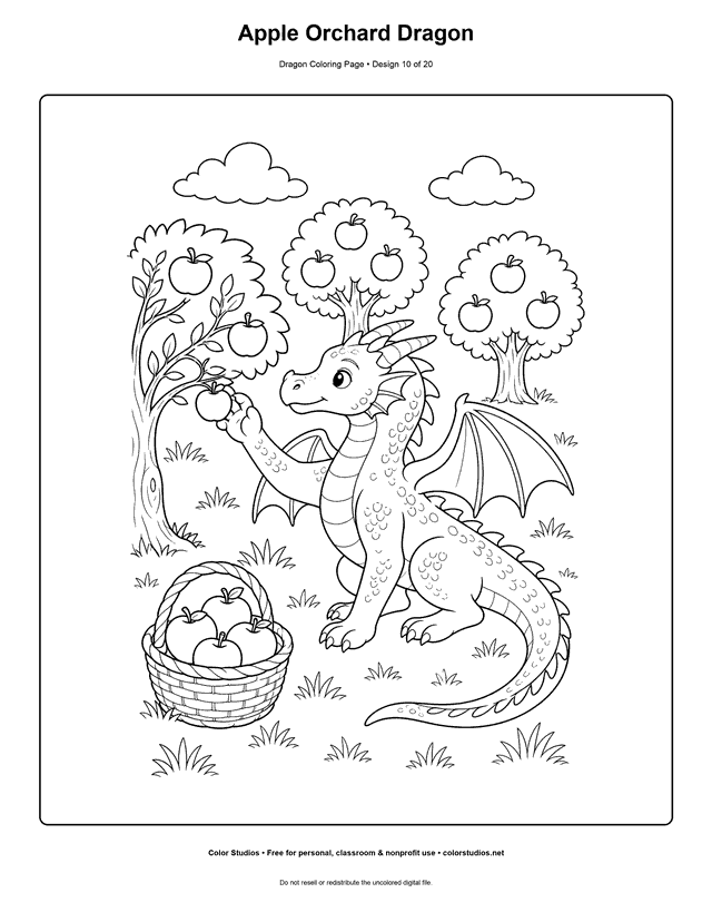 Apple Orchard Dragon: original dragon gently reaches toward one low apple branch with a forepaw printable coloring page.