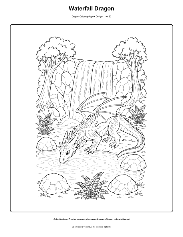 Waterfall Dragon: original dragon drinks from a clear pool beside a broad woodland waterfall printable coloring page.