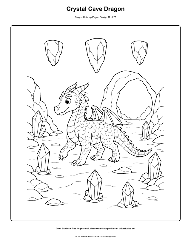 Crystal Cave Dragon: original dragon explores a spacious crystal cave in a three-quarter walking pose printable coloring page.