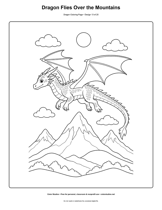 Dragon Flies Over the Mountains: original dragon flies in a clean side view above three mountain layers printable coloring page.