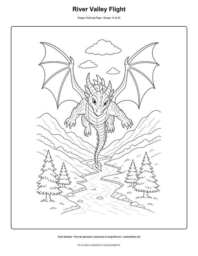 River Valley Flight: original dragon glides toward the viewer above a winding river valley printable coloring page.