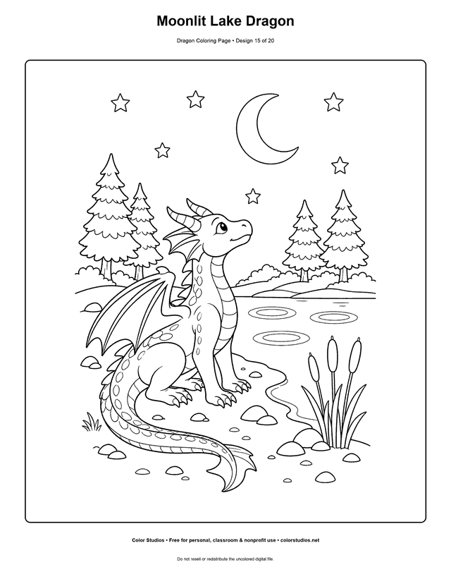 Moonlit Lake Dragon: original dragon sits beside a calm lake and looks toward a crescent moon printable coloring page.