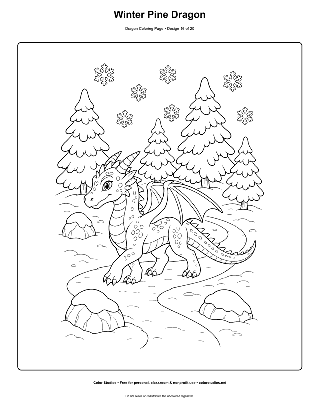 Winter Pine Dragon: original dragon walks through a quiet snowy pine grove printable coloring page.