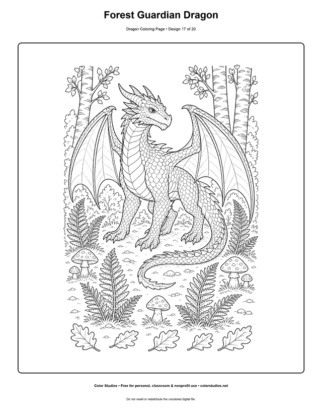 Forest Guardian Dragon: original mature dragon stands alert in a layered woodland clearing printable coloring page.