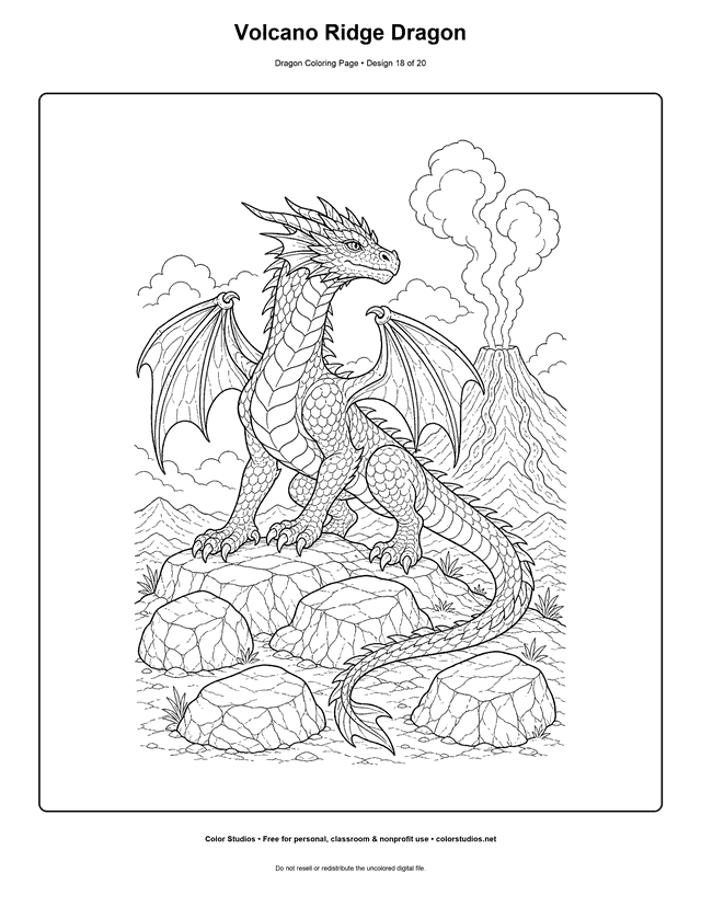 Volcano Ridge Dragon: original powerful dragon stands on a rocky ridge with a distant generic volcano releasing three broad smoke curls printable coloring page.