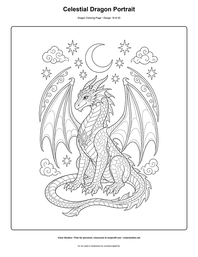 Celestial Dragon Portrait: original dragon is shown in a dignified seated three-quarter portrait with its complete body visible printable coloring page.