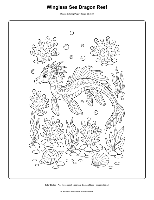 Wingless Sea Dragon Reef: explicitly wingless original sea dragon swims in a clear side view through an open coral reef printable coloring page.