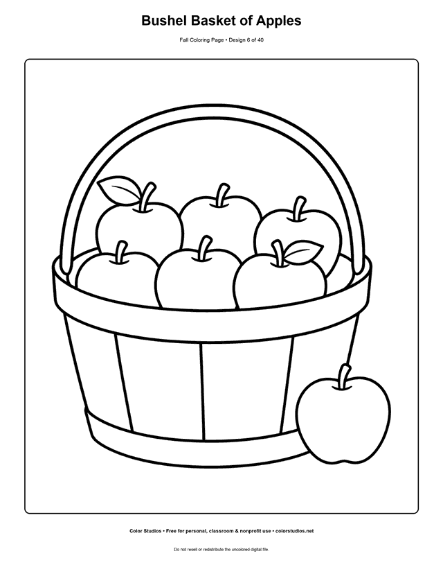 Bushel basket filled with apples and one apple resting beside it coloring page.