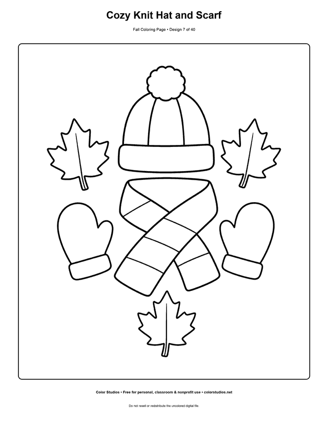 Knit hat, striped scarf, mittens, and three autumn leaves coloring page.