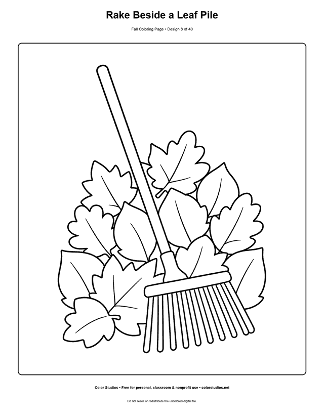 Leaf rake leaning beside a large pile of autumn leaves coloring page.