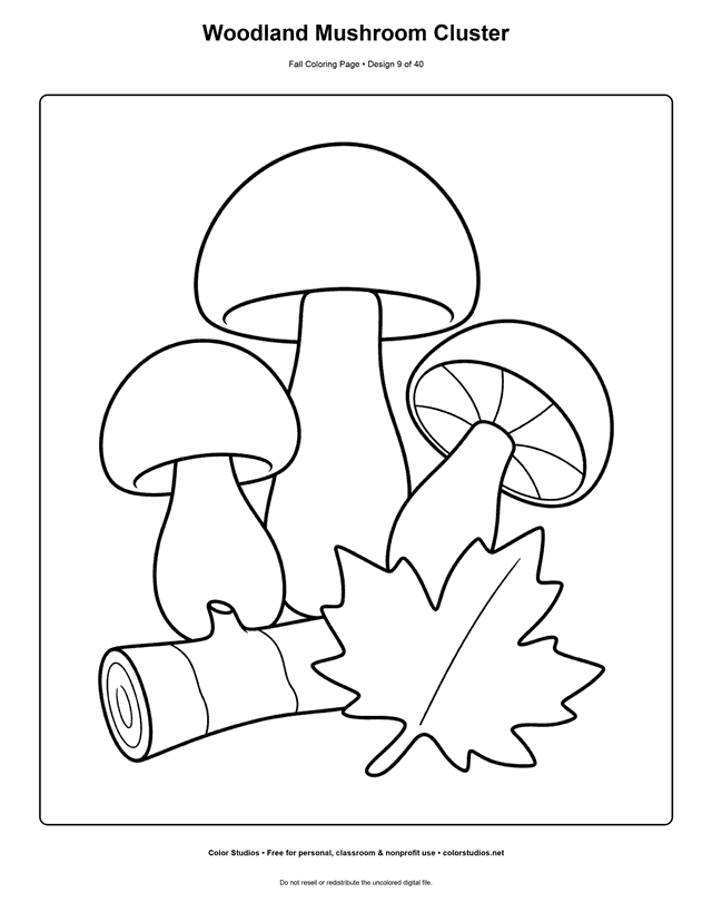 Three woodland mushrooms beside a fallen branch and maple leaf coloring page.