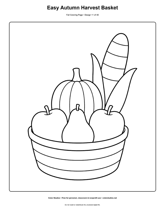 Simple harvest basket with a pumpkin, apples, pear, and corn coloring page.