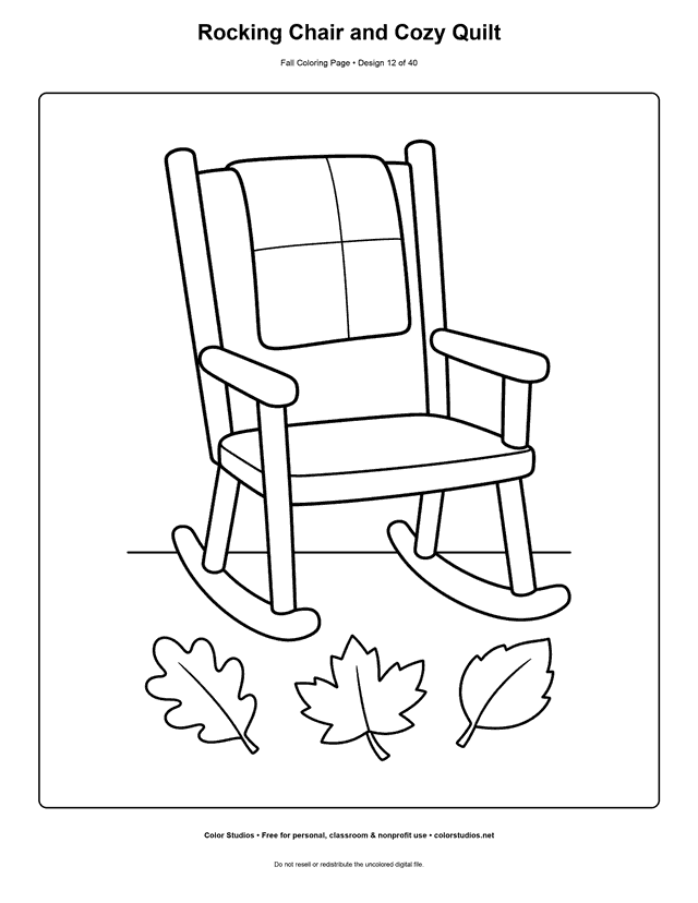 Wooden rocking chair with a folded quilt and three autumn leaves coloring page.