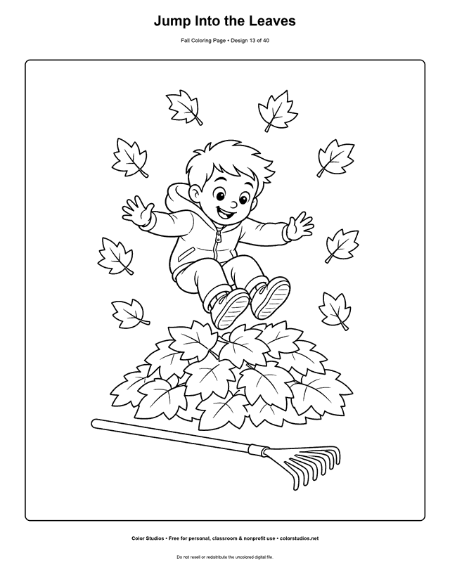 Child jumping feet-first into a large autumn leaf pile coloring page.