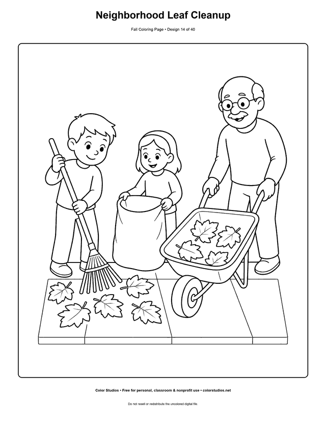 Two children and an older adult cleaning up autumn leaves together coloring page.
