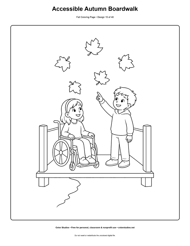 Two friends, including a wheelchair user, enjoying leaves from an accessible woodland boardwalk coloring page.