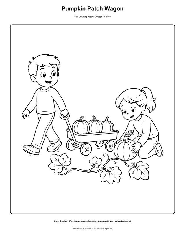 Two children gathering uncarved pumpkins with a small garden wagon coloring page.