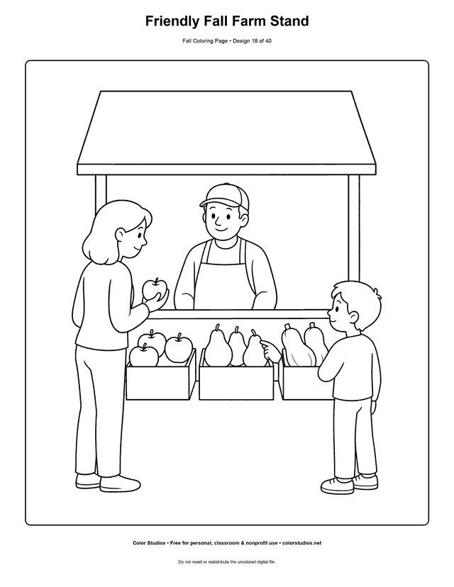 Family choosing apples, pears, and squash at a daytime fall farm stand coloring page.