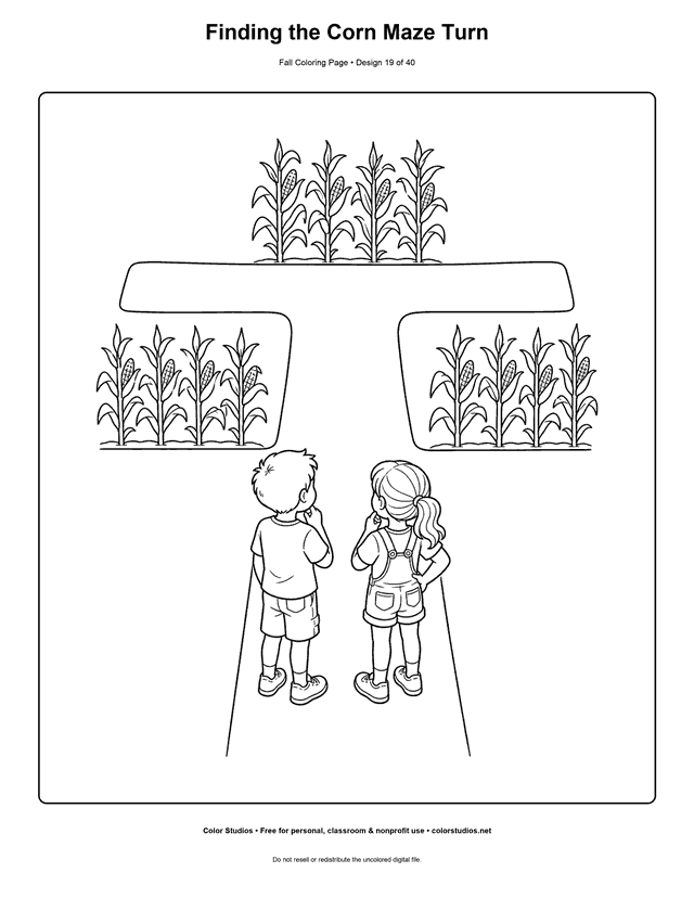 Two children choosing a path through a friendly daytime corn maze coloring page.