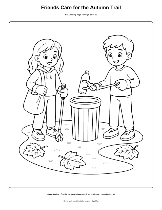 Two children caring for a leaf-covered autumn nature trail coloring page.