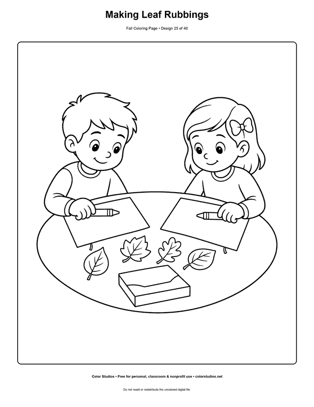 Two children making autumn leaf rubbings at an outdoor table coloring page.