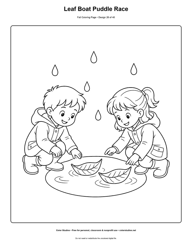 Two children racing leaf boats across a shallow autumn puddle coloring page.