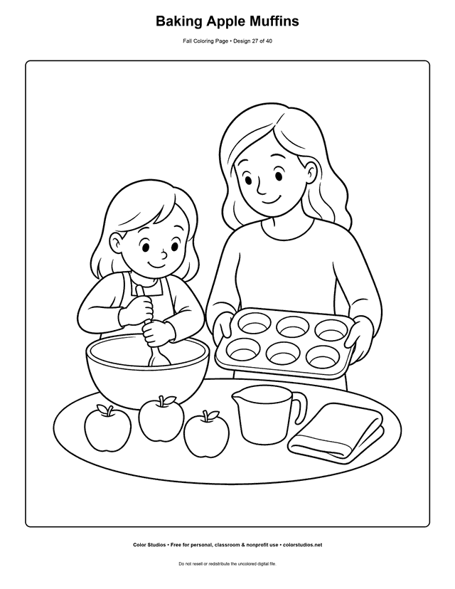 Adult and child preparing apple muffins together in a cozy autumn kitchen coloring page.