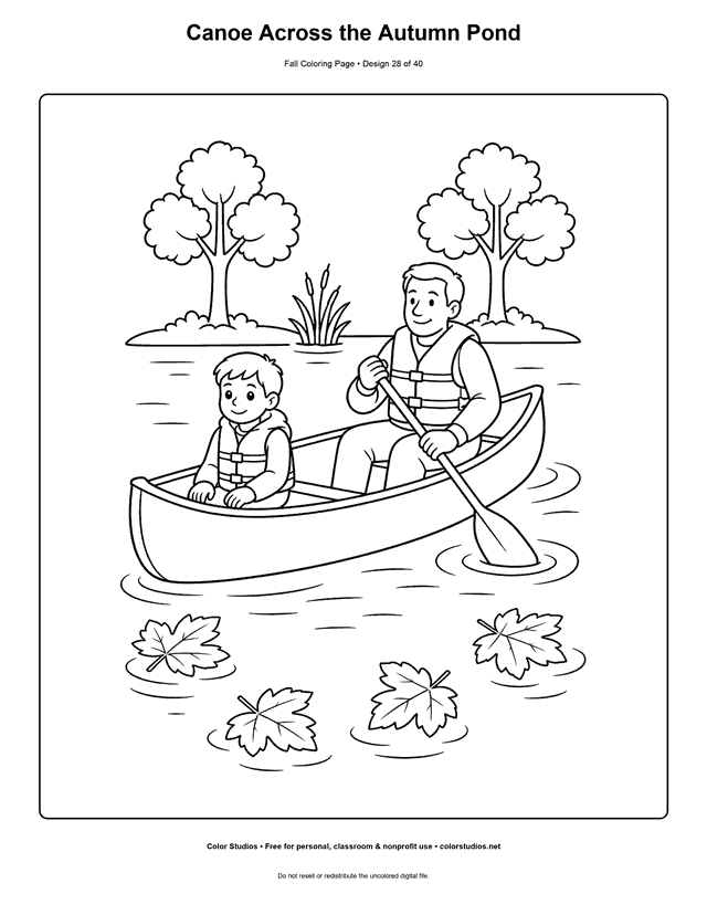 Adult and child wearing life jackets canoeing across a calm autumn pond coloring page.