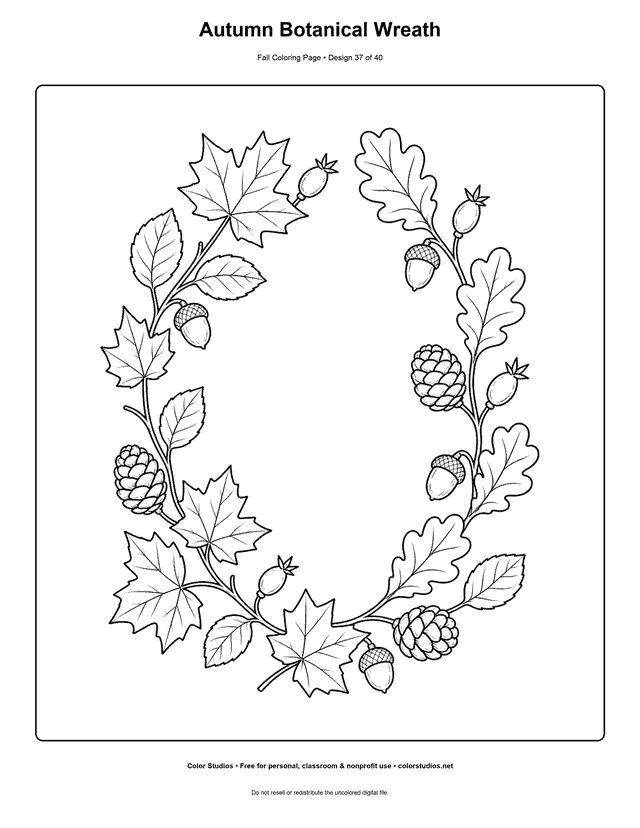 Detailed autumn wreath of maple, oak, and beech leaves with acorns, pinecones, and rose hips coloring page.