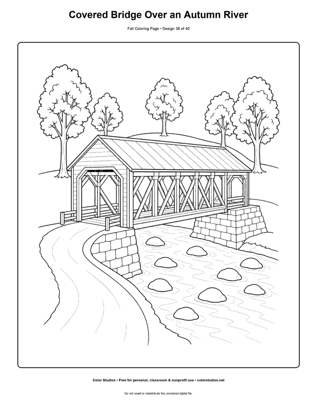 Wooden covered bridge crossing a rocky river among autumn trees coloring page.