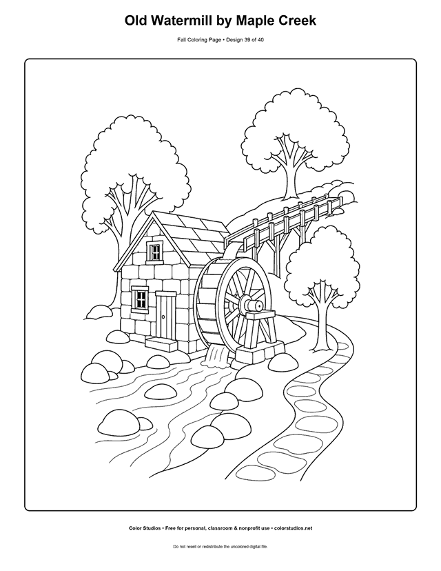 Old stone watermill with an overshot wheel beside a maple-lined autumn creek coloring page.