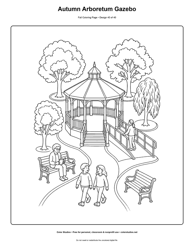 Accessible gazebo and walking paths beneath varied autumn trees at an arboretum coloring page.