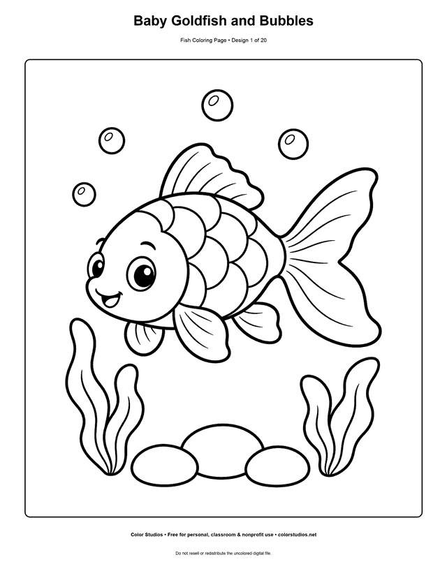 Baby Goldfish and Bubbles, an original fish coloring page