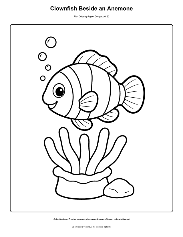 Clownfish Beside an Anemone printable fish coloring page for kids.