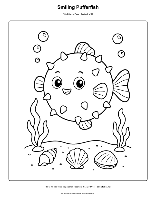 Smiling Pufferfish printable fish coloring page for kids.
