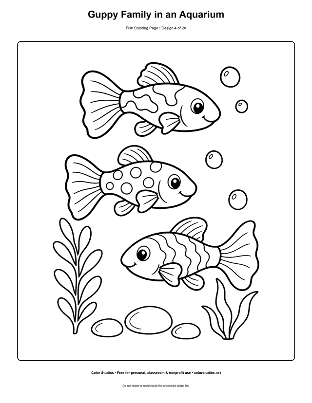 Guppy Family in an Aquarium printable fish coloring page for kids.