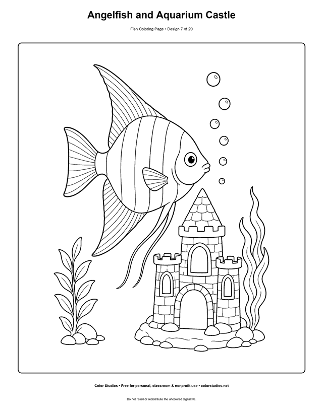 Angelfish and Aquarium Castle printable fish coloring page for kids.