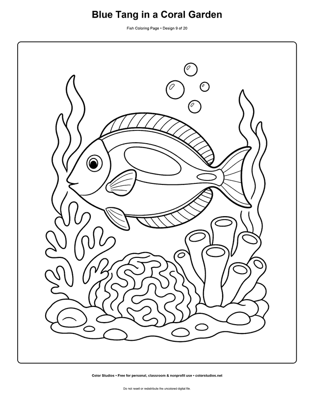 Blue Tang in a Coral Garden printable fish coloring page for kids.