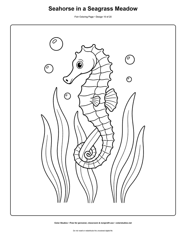 Seahorse in a Seagrass Meadow printable fish coloring page for kids.
