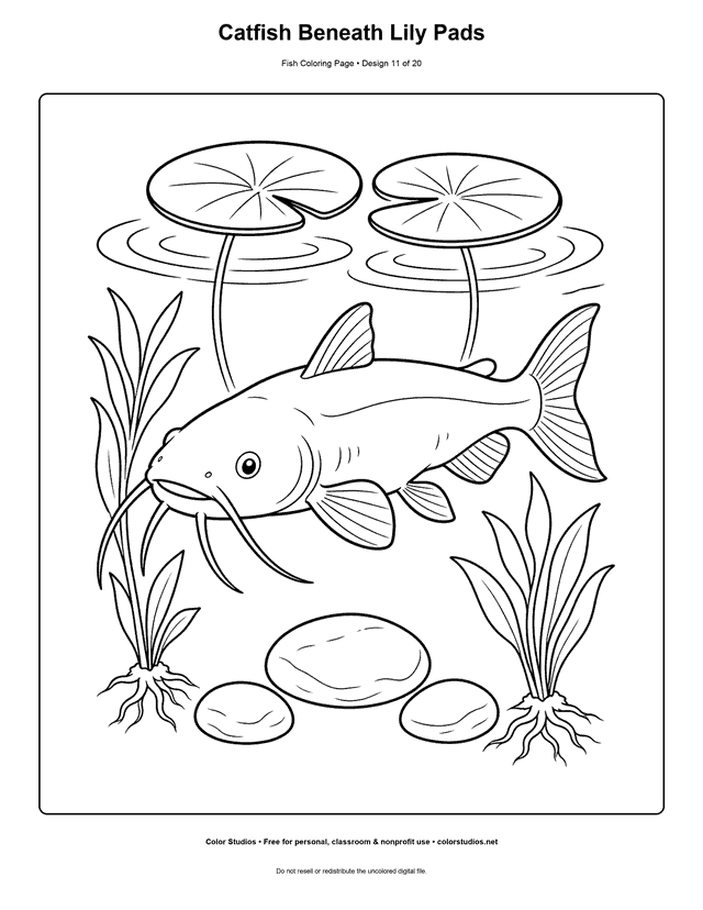 Catfish Beneath Lily Pads printable fish coloring page for kids.