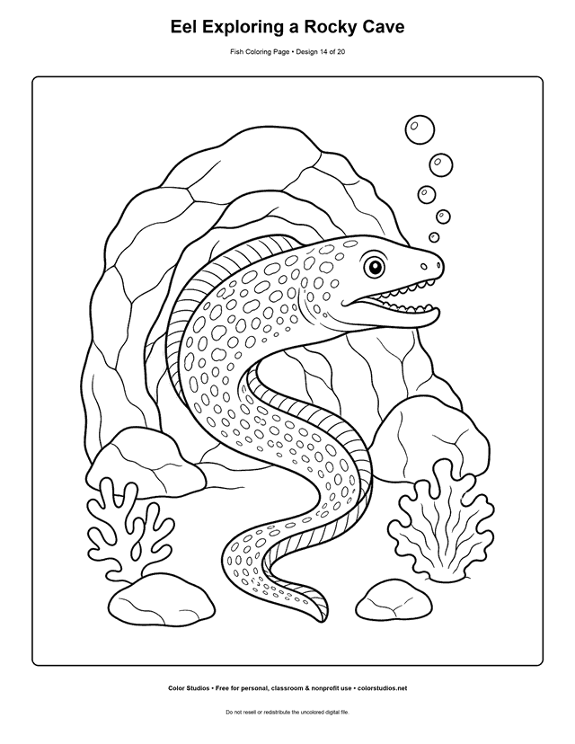 Eel Exploring a Rocky Cave printable fish coloring page for kids.