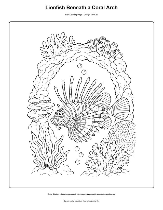 Lionfish Beneath a Coral Arch printable fish coloring page for kids.