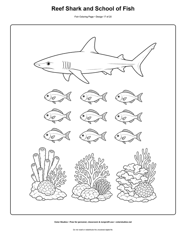 Reef Shark and School of Fish printable fish coloring page for kids.