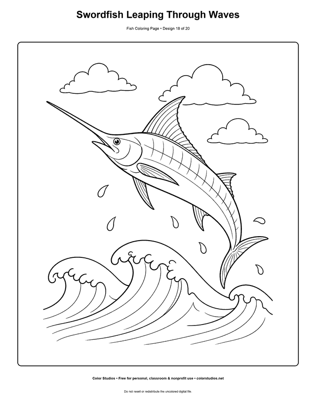 Swordfish Leaping Through Waves printable fish coloring page for kids.