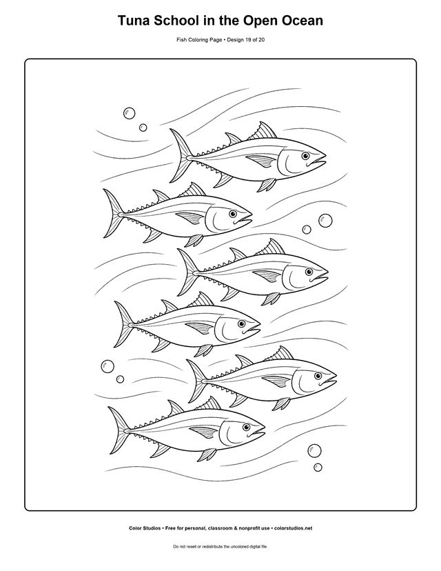 Tuna School in the Open Ocean printable fish coloring page for kids.