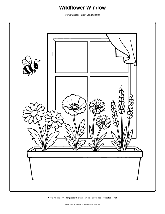 Wildflowers growing in a window box with a visiting bumblebee coloring page.