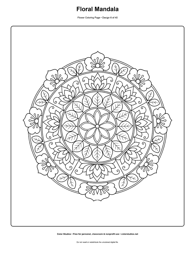 Detailed five-layer floral mandala with petals and leaves coloring page.