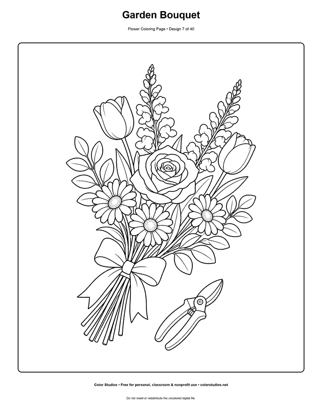 Hand-tied garden flower bouquet with ribbon and closed shears coloring page.